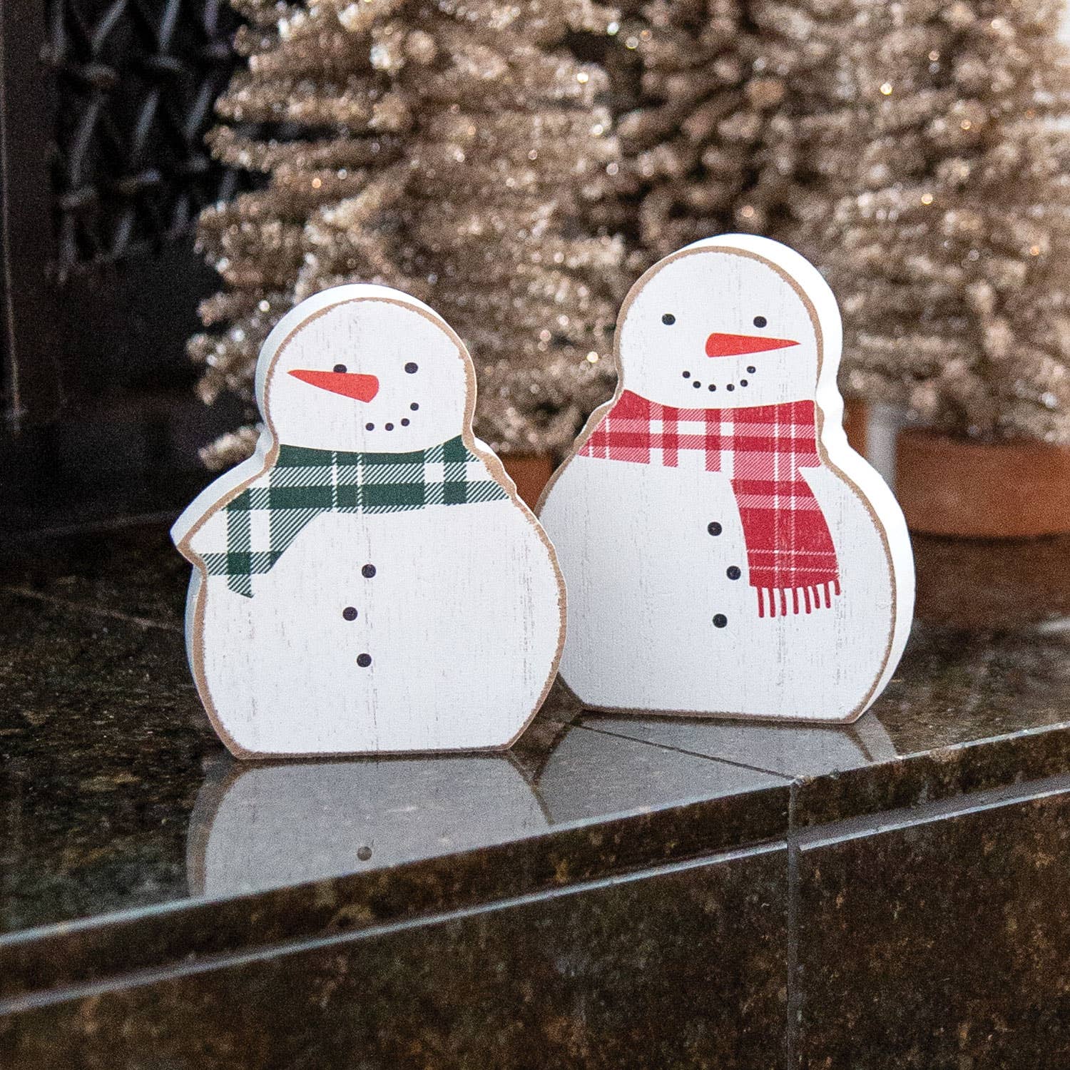 Red & Green Scarf Wooden Snowman (S/2)