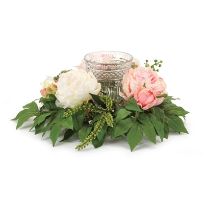 Mixed Peony Candle Holder w/Glass 15"D x 6"H Polyester/Glass
