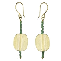 Earring, Brass Oval, Green Beaded Stem