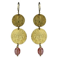 Double Disc Earring, Brass, Cherry Quartz