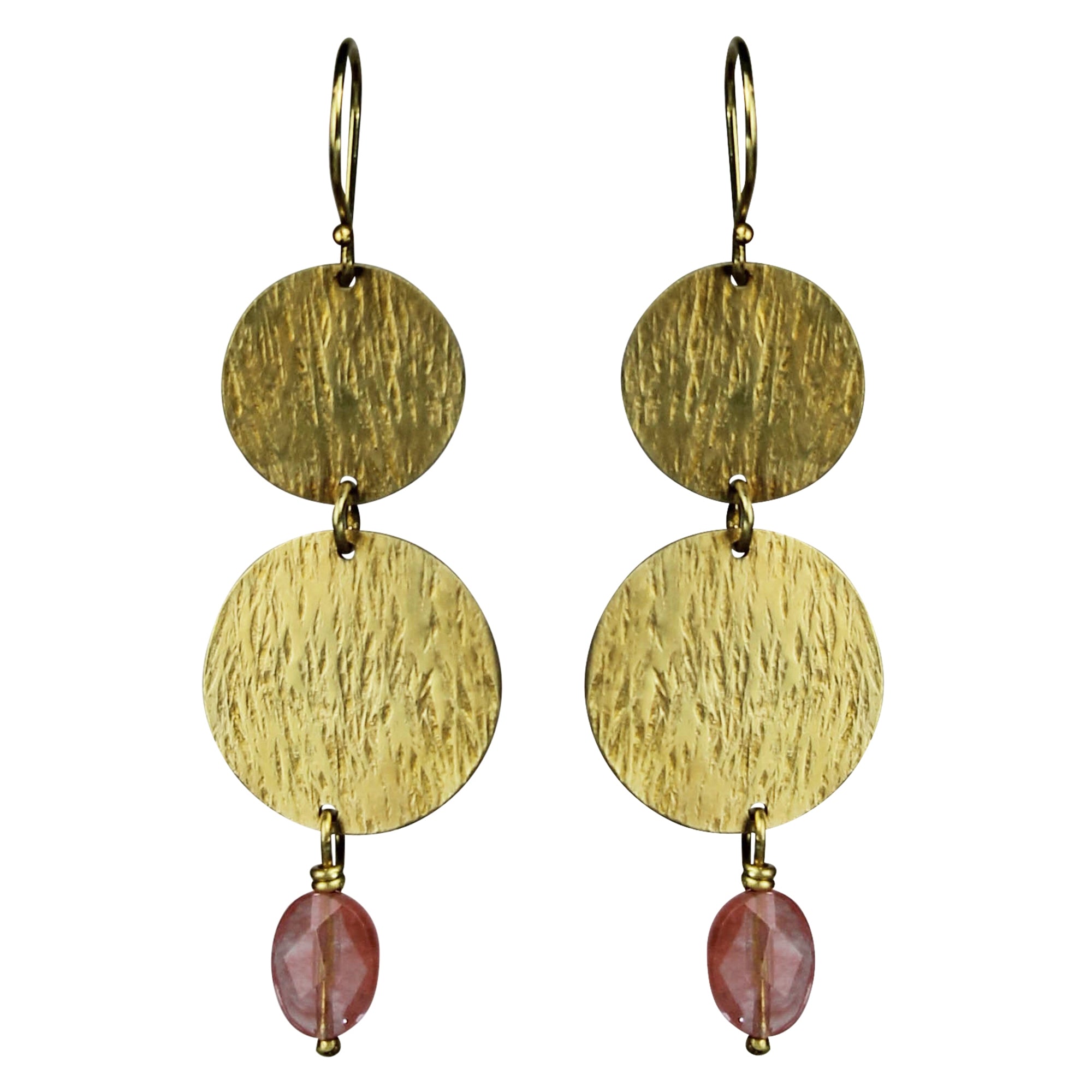 Double Disc Earring, Brass, Cherry Quartz