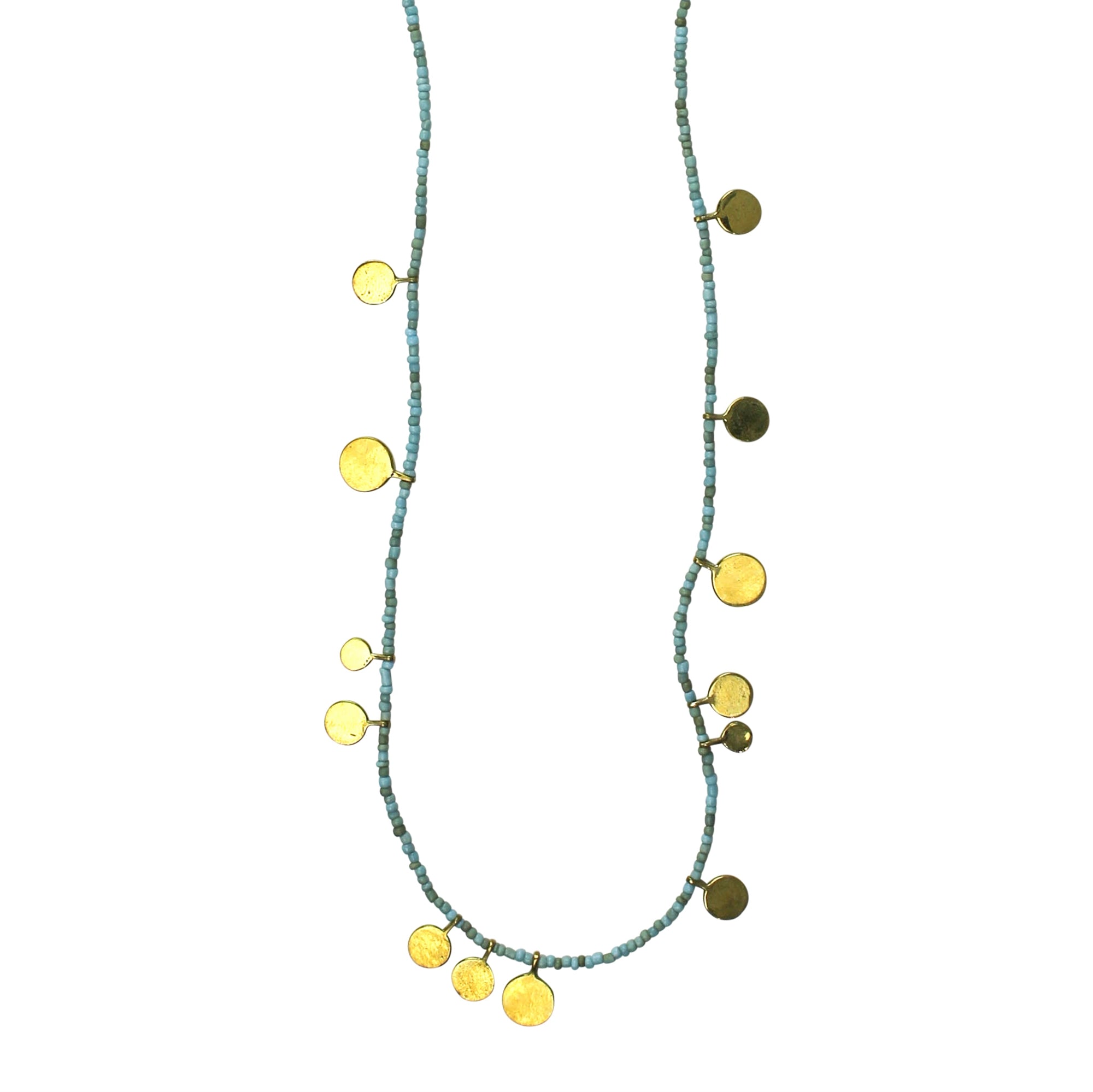 Necklace, Brass Tabs on Teal Beads