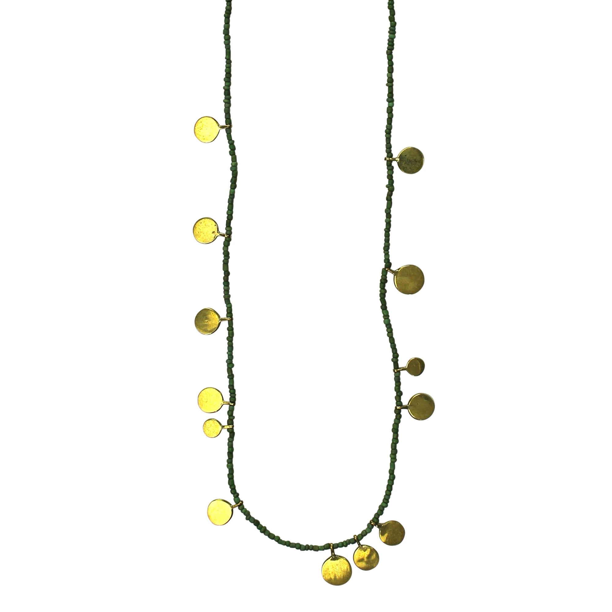 Necklace, Brass Tabs on Green Beads