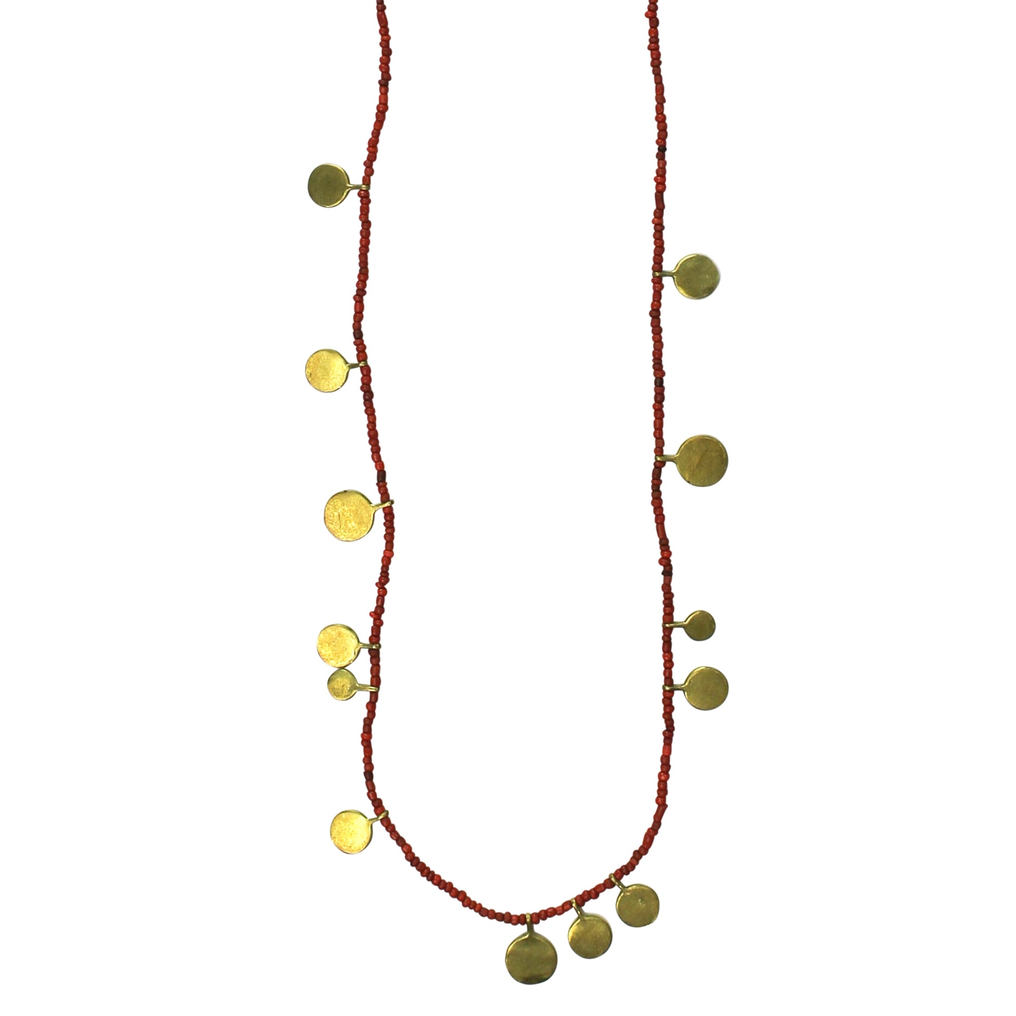 Necklace, Brass Tabs on Red Beads