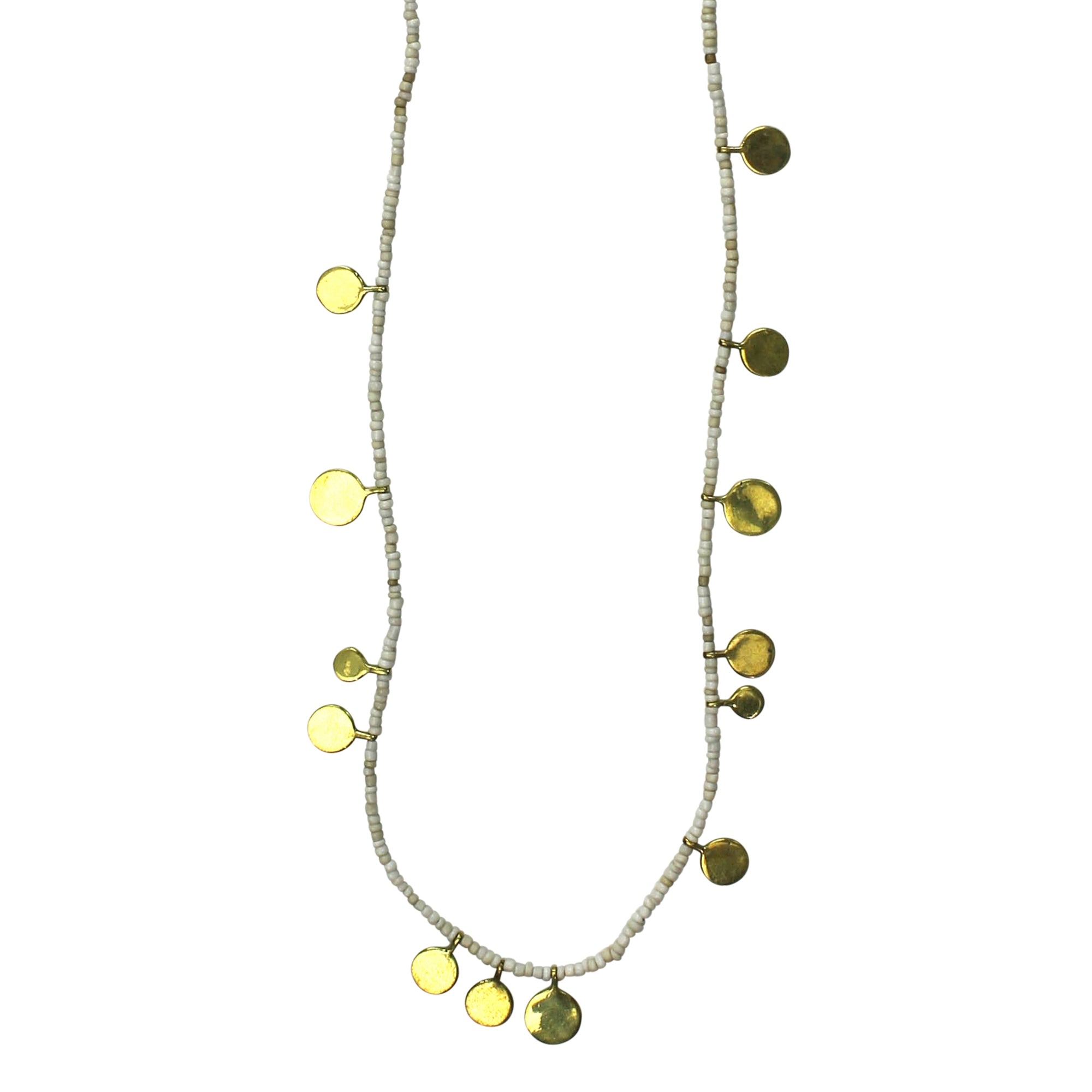 Necklace, Brass Tabs on White Beads