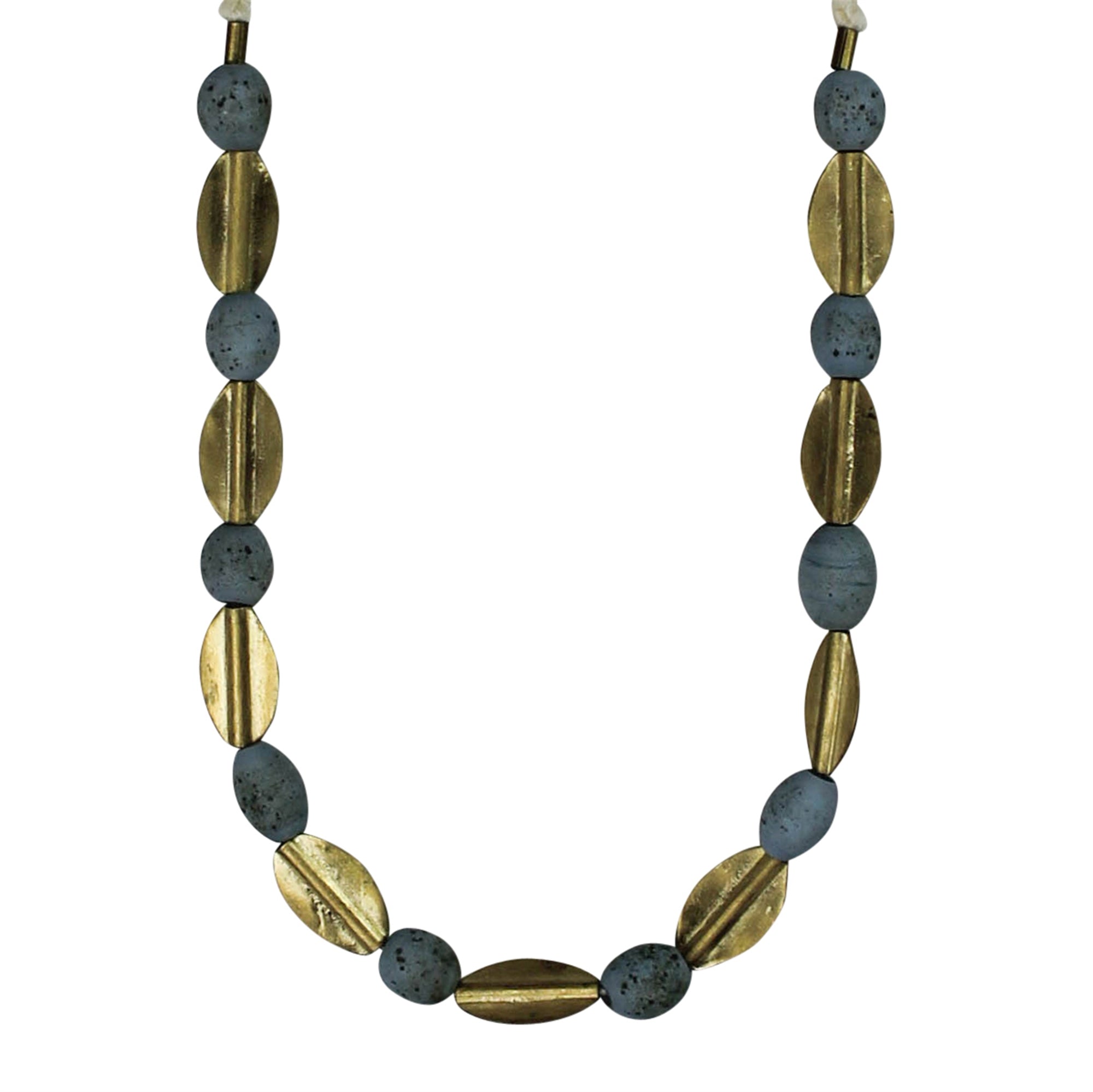 Necklace, Brass Oval, Blue Beads
