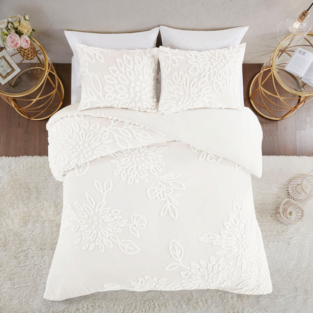 Veronica 3 Piece Tufted Cotton Chenille Floral Duvet Cover Set