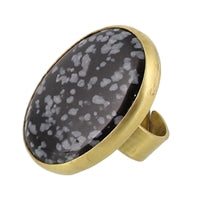 Bezel Set Ring, Brass - Snowflake Obsidian