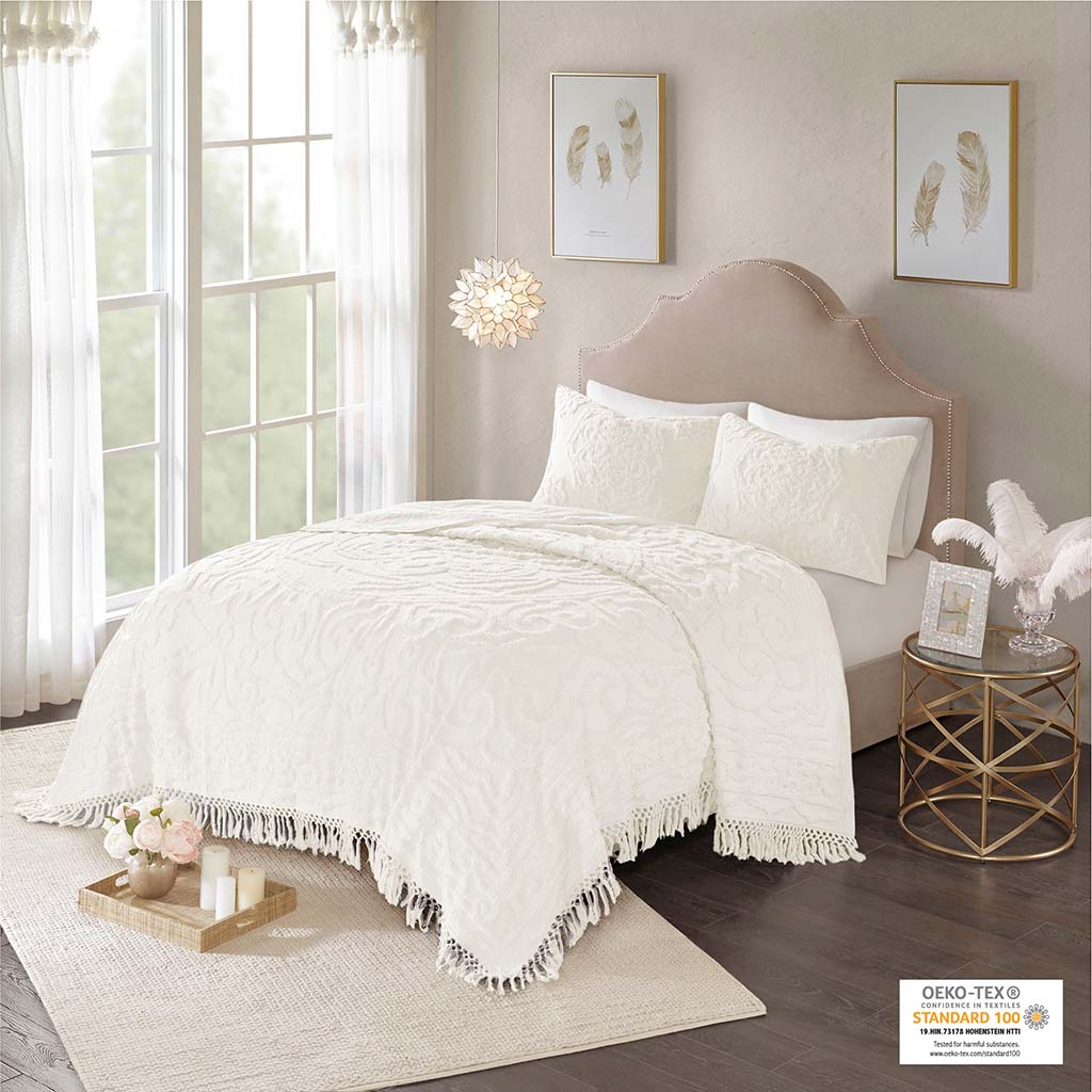 Laetitia Tufted Cotton Chenille Medallion Fringe Coverlet Mini Set