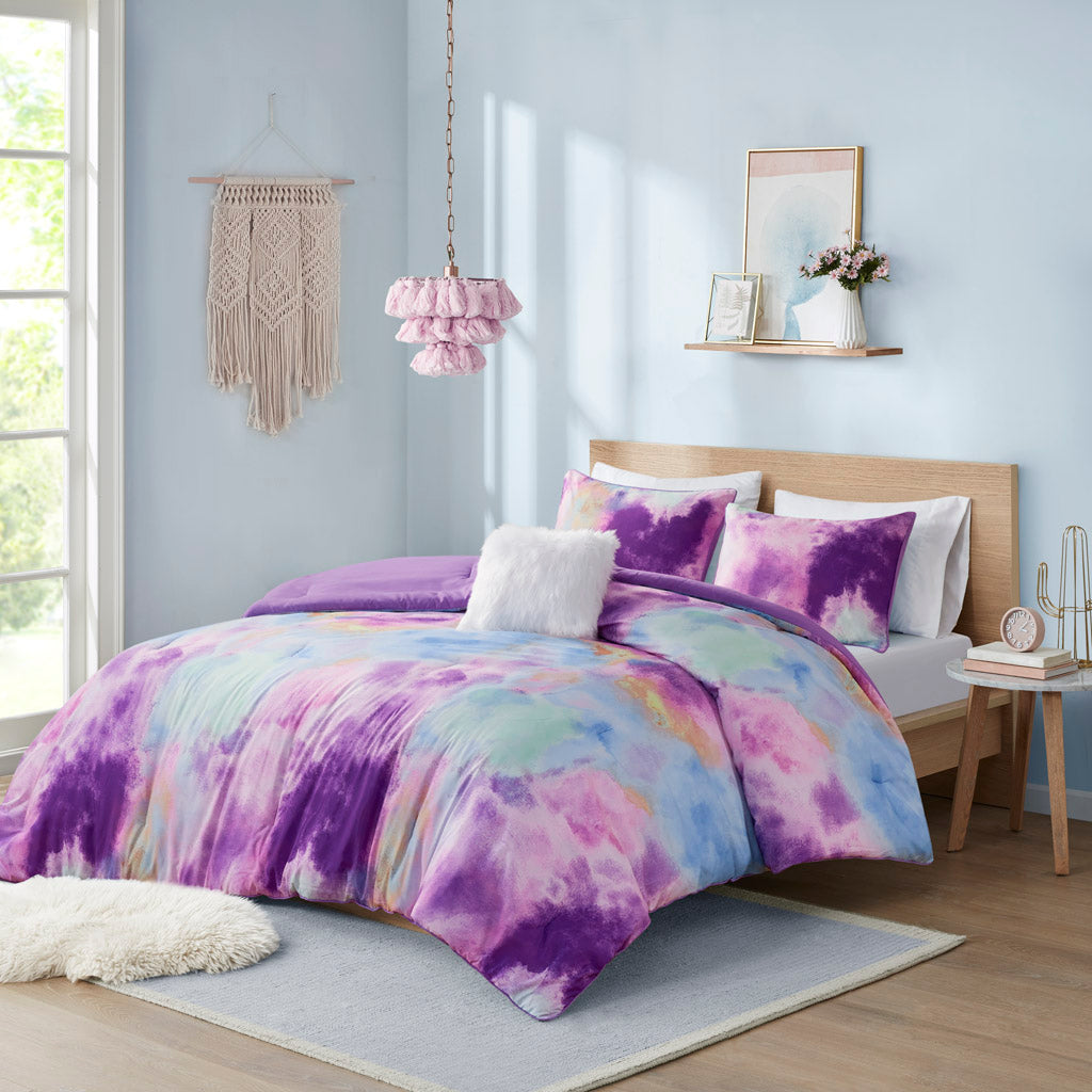 Cassiopeia Watercolor Tie Dye Printed Comforter Set with Throw Pillow