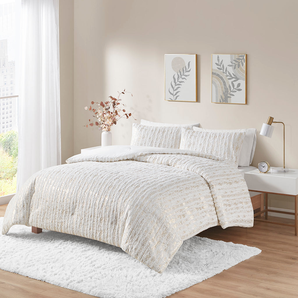 Naomi Metallic Print Faux Fur Comforter Set