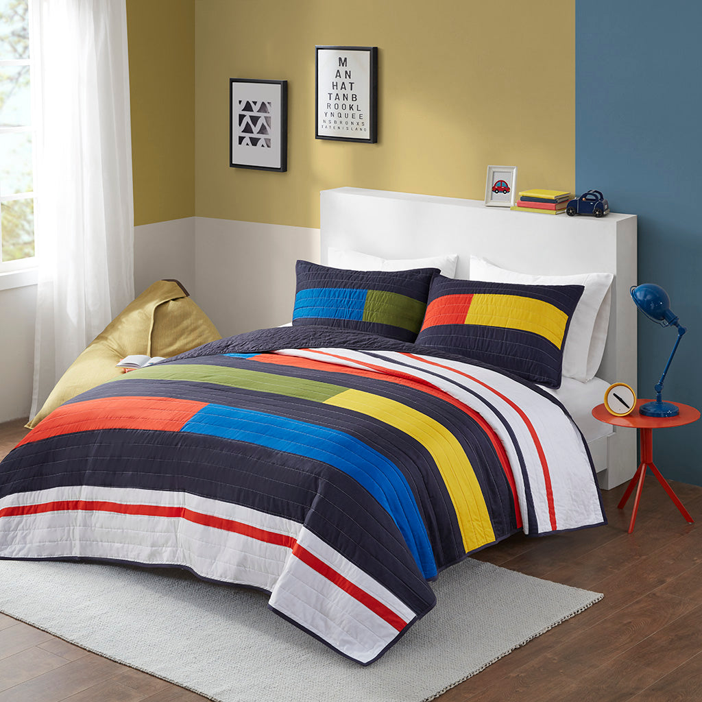 Morris Rainbow Sunburst Reversible Cotton Quilt Set with Throw Pillow