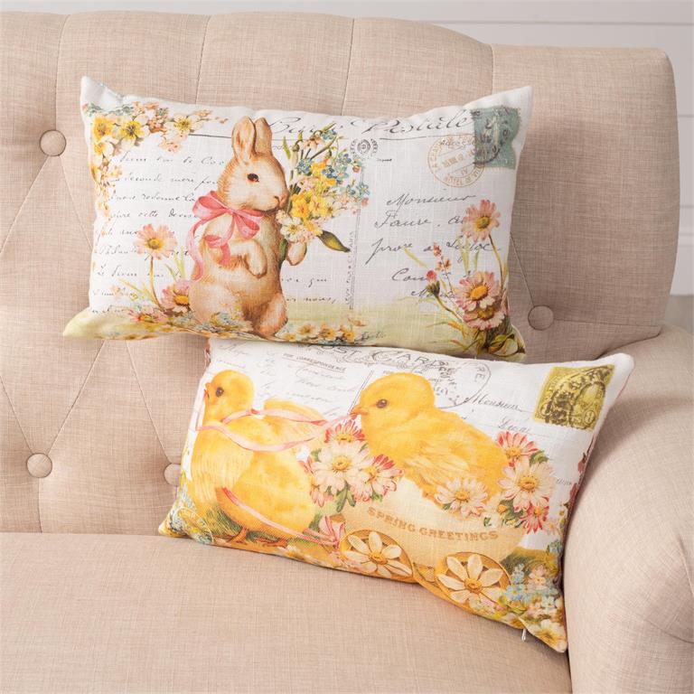 Rabbit And Chicks Vintage Postcard Pillows (S/2)