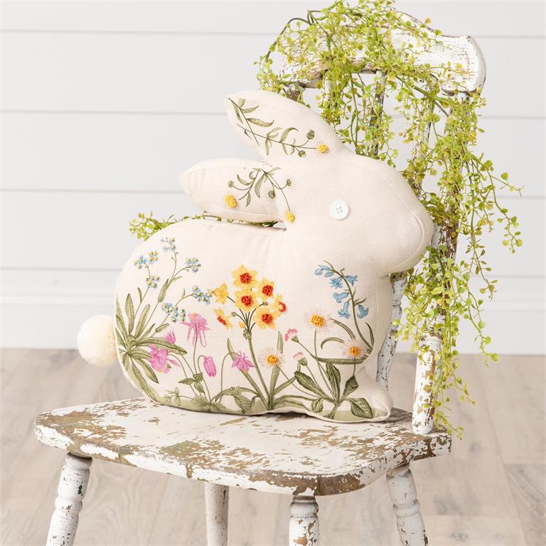 Pillow - Embroidered Floral Rabbit Silhouette