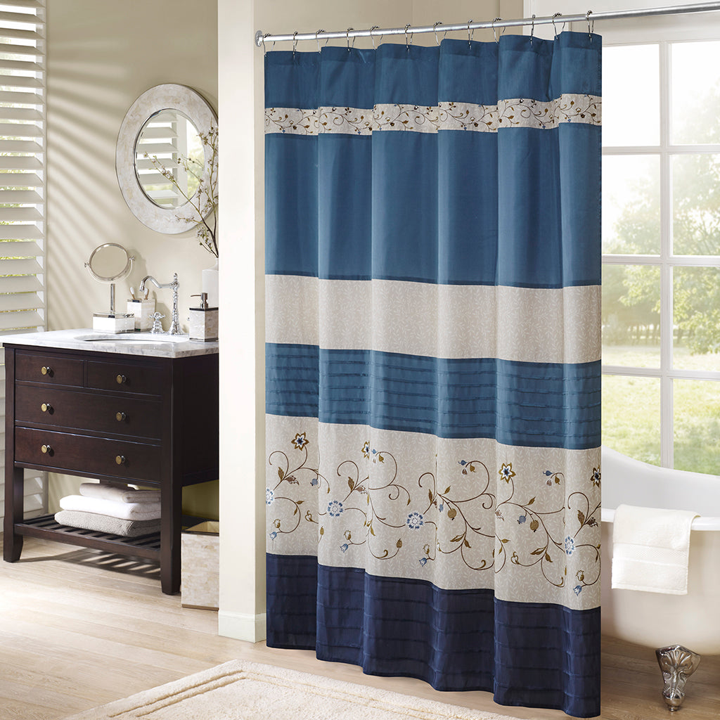 Serene Faux Silk Embroidered Floral Shower Curtain
