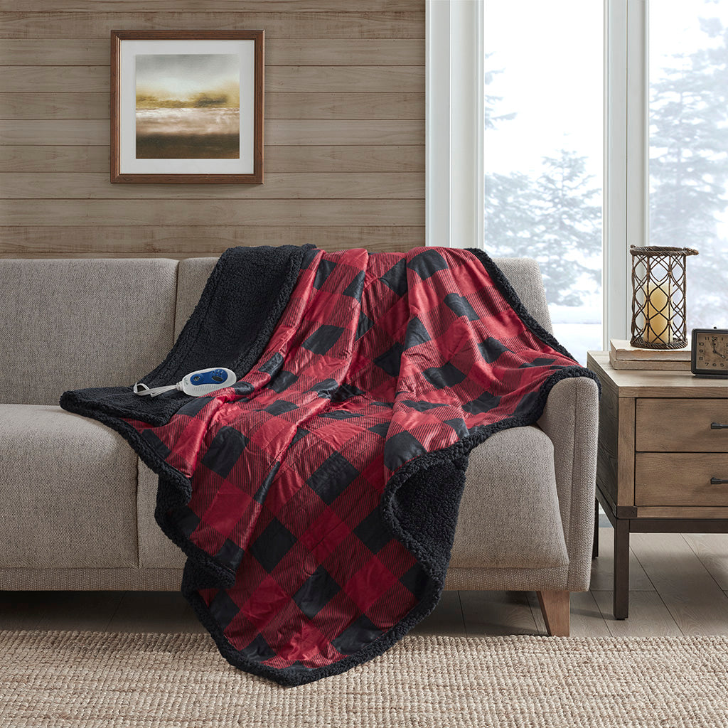 Linden Oversized Plaid Print Faux Mink to Berber Heated Throw
