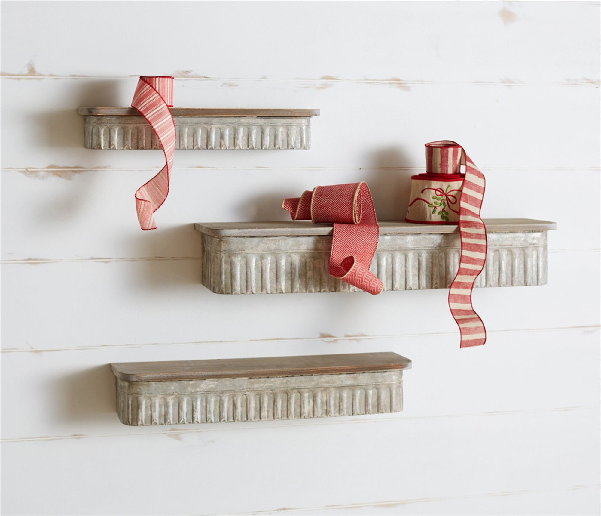 Rustic Pewter Metal Shelf with Natural Wood Top (Set of 3)