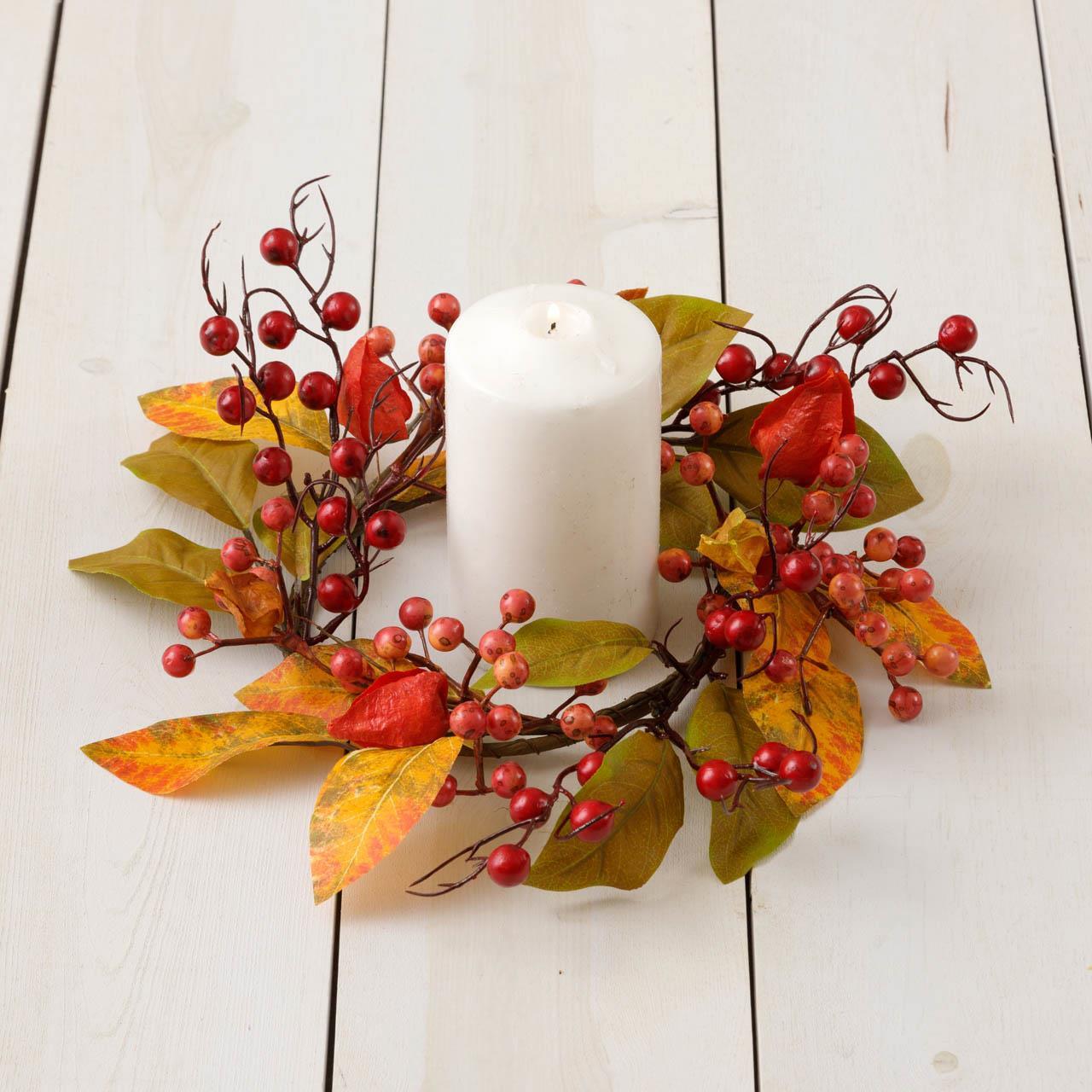 Candle Ring - Fall Leaves, Berries, Rose Hips