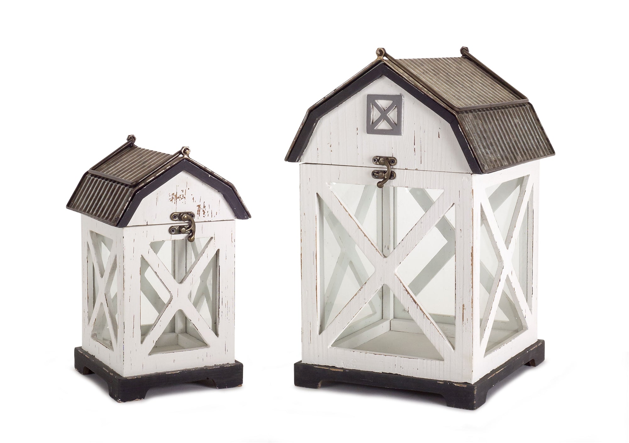 Barn Lantern (Set of 2) 10.5"H, 14.5"H Wood/Metal/Wood/Glass