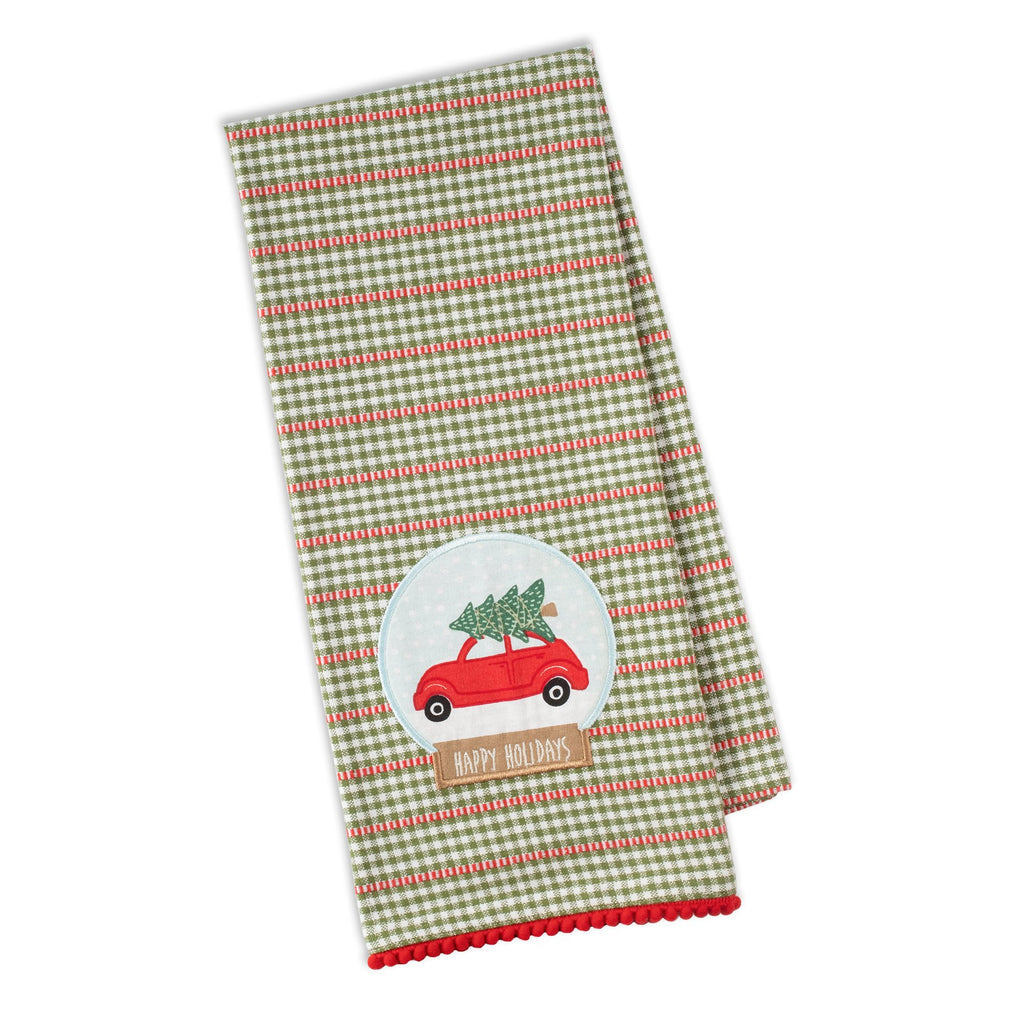 Christmas Car Snow Globe Embellished Dishtowel