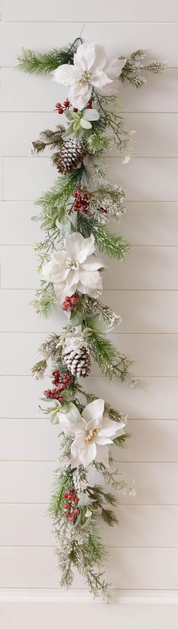 Flocked Evergreen & Poinsettia Garland