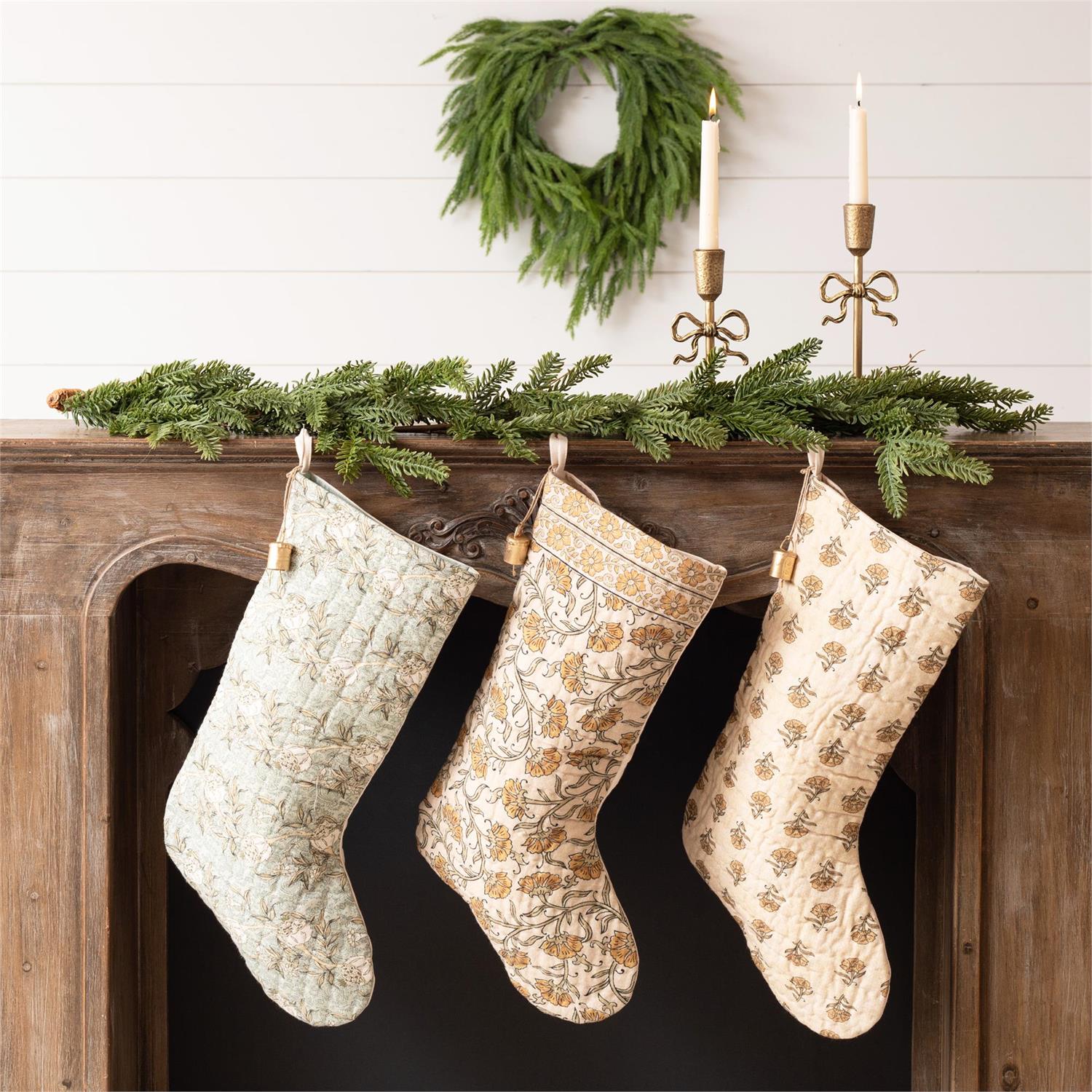 Block Print Stockings w/ Bells (S/3)