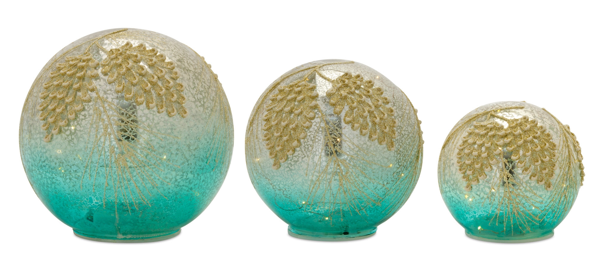 LED Crackle Glass Gold and Blue Pinecone Orb (Set of 3)