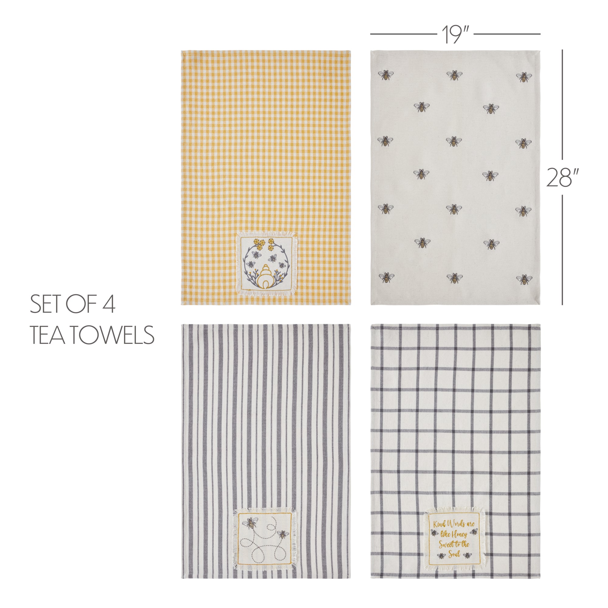 Embroidered Bee Tea Towel Set of 4 19x28