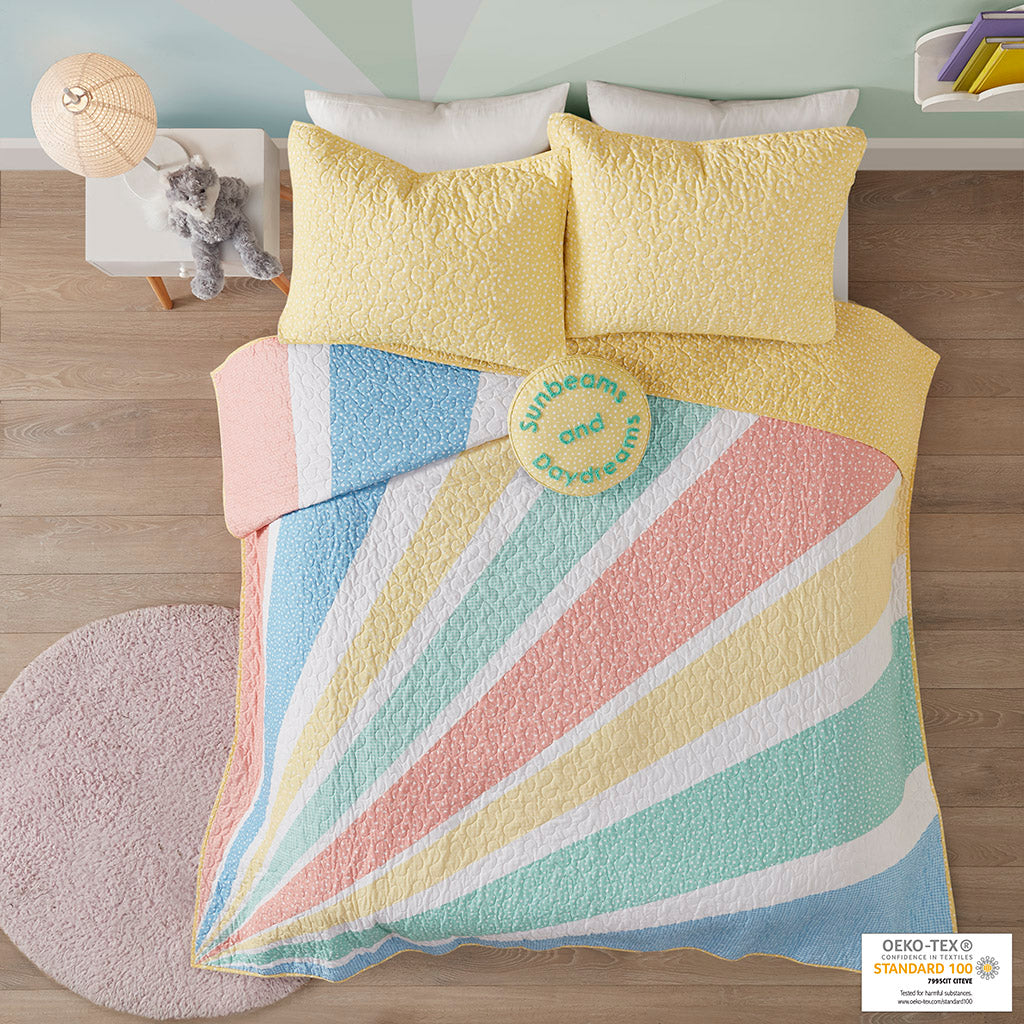 Rory Cotton Cabana Stripe Reversible Quilt Set with Rainbow Reverse