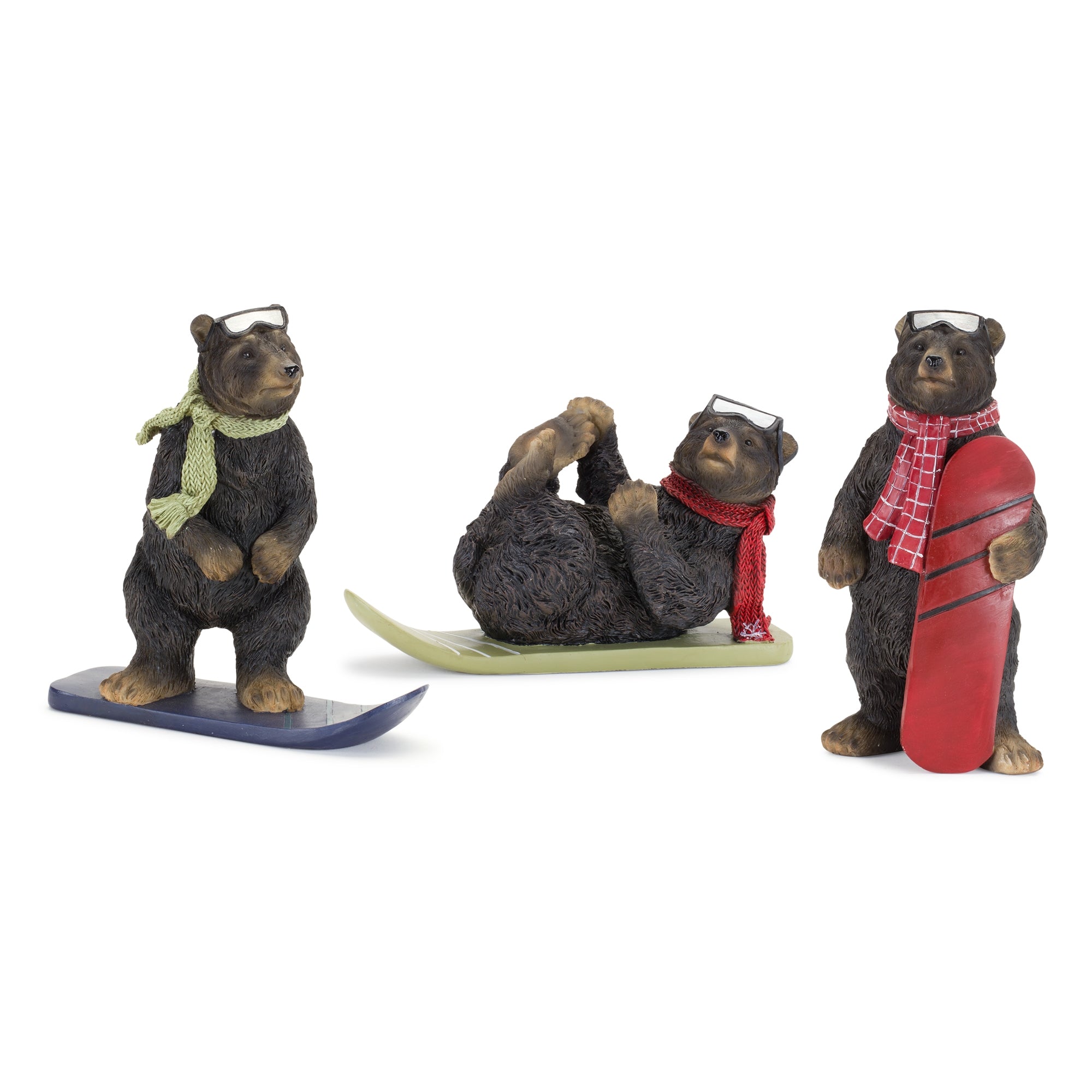 Bear Snowboard (3 Asst) 8"L x 4.75"H, 3"L x 8"H, 7.5"L x 7.25"H Resin