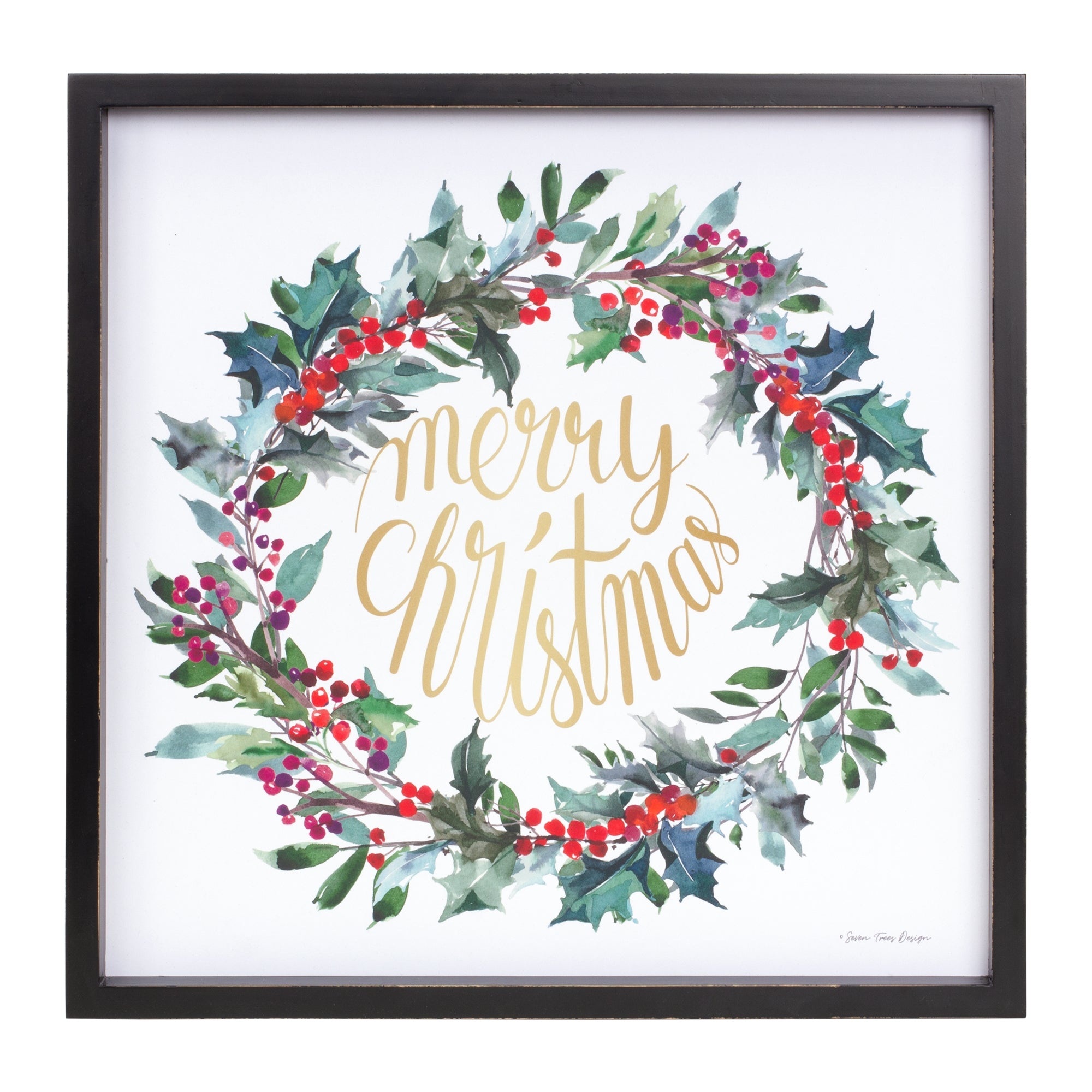 Framed Merry Christmas Wreath Print 15.75"SQ