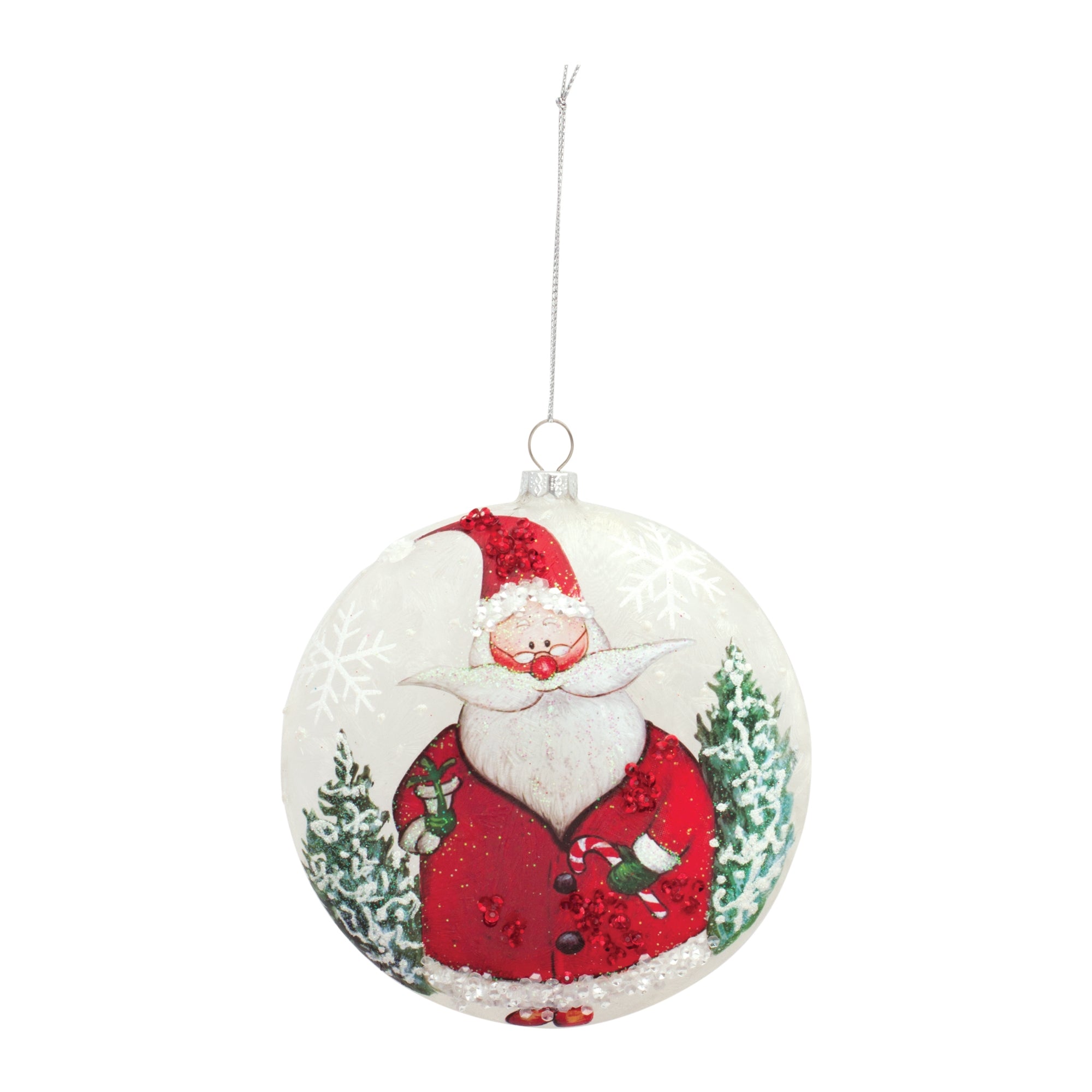 Santa Disc Ornament 5”D Glass