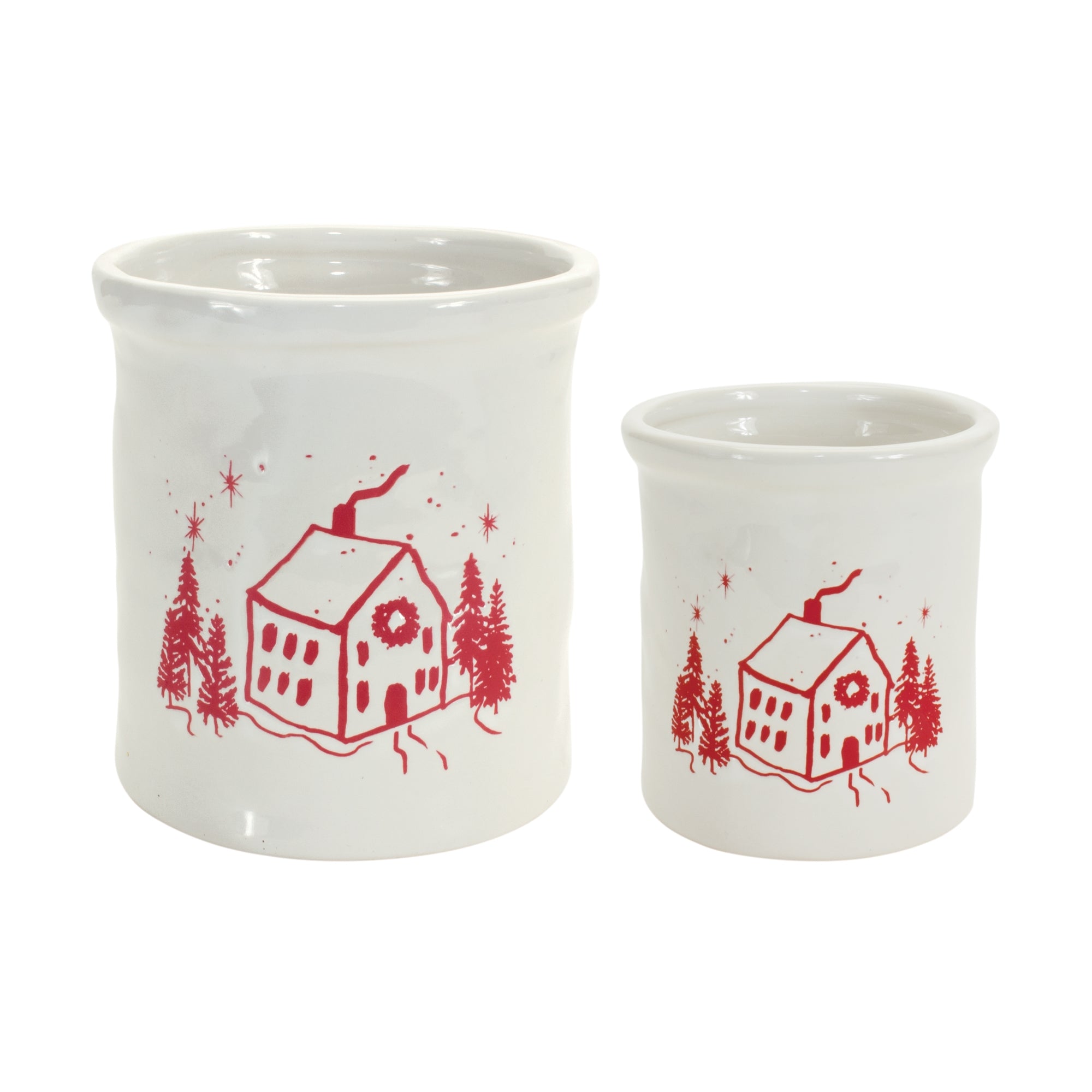 Crock w/House (Set of 2) 4"D x 4.5"H, 5.25"D x 5.75"H Clay