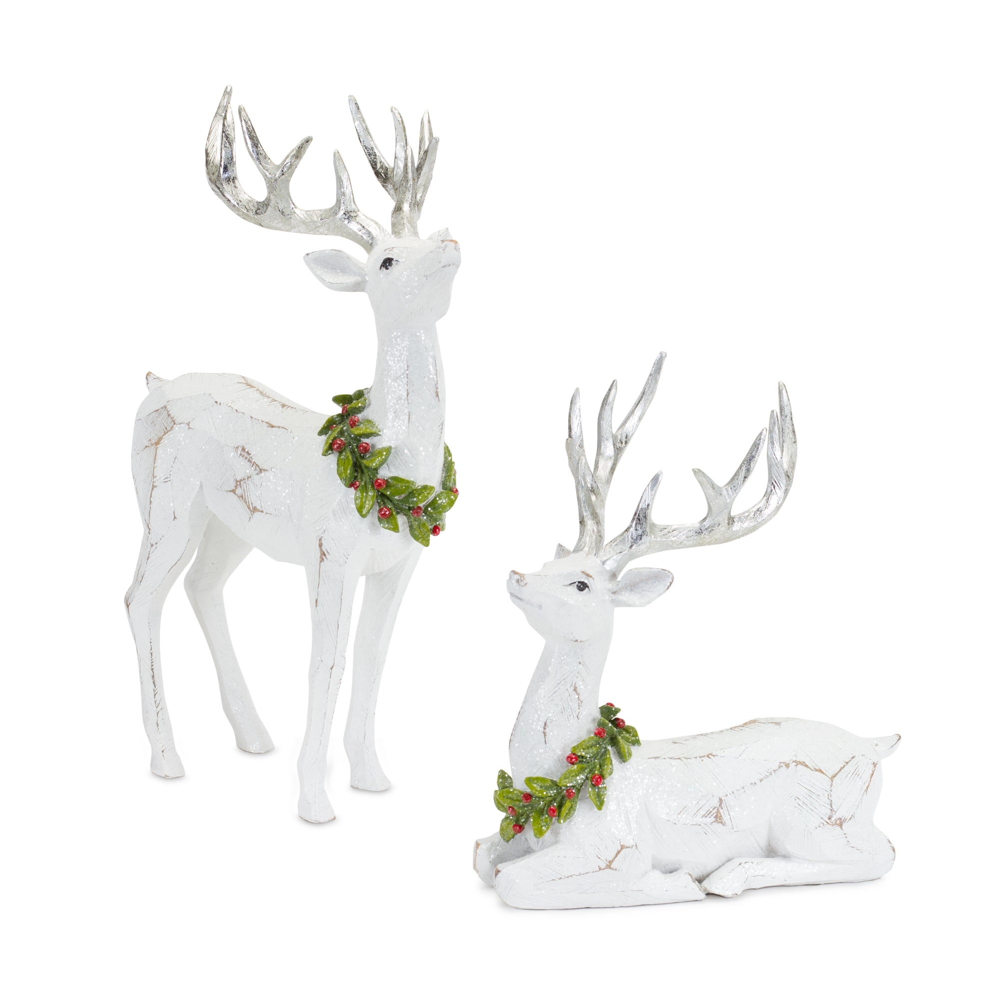 White Deer Figurine with Silver Antler and Wreath Accent (Set of 2)