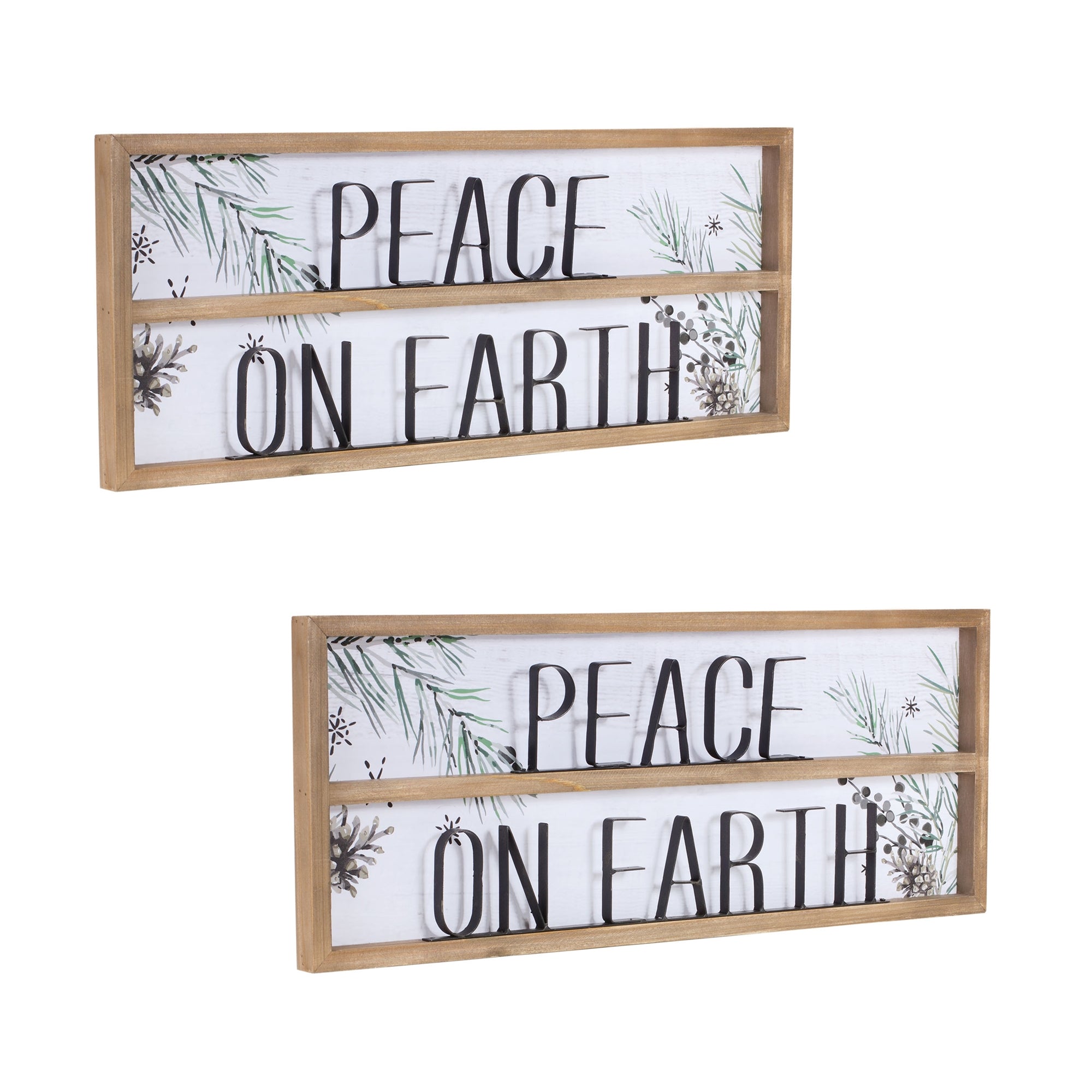 Wood Framed Peace on Earth Sign with Pine Painting (Set of 2)
