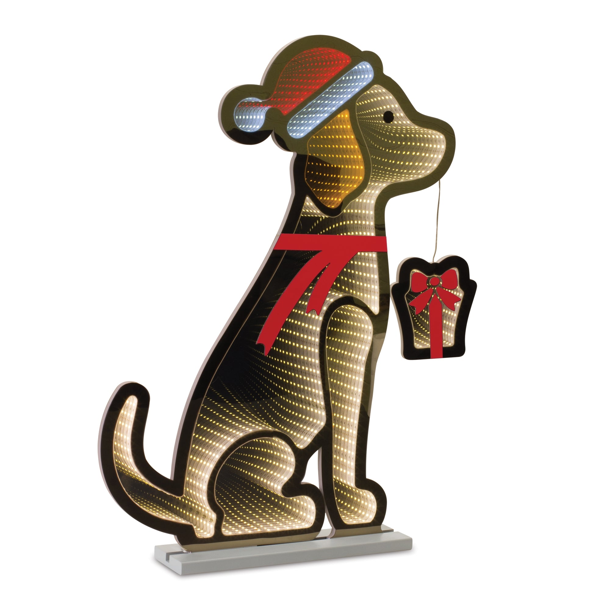 Dog w/Santa Hat & Present Infinity Light 23"L x 31.25"H Acrylic UL Plug