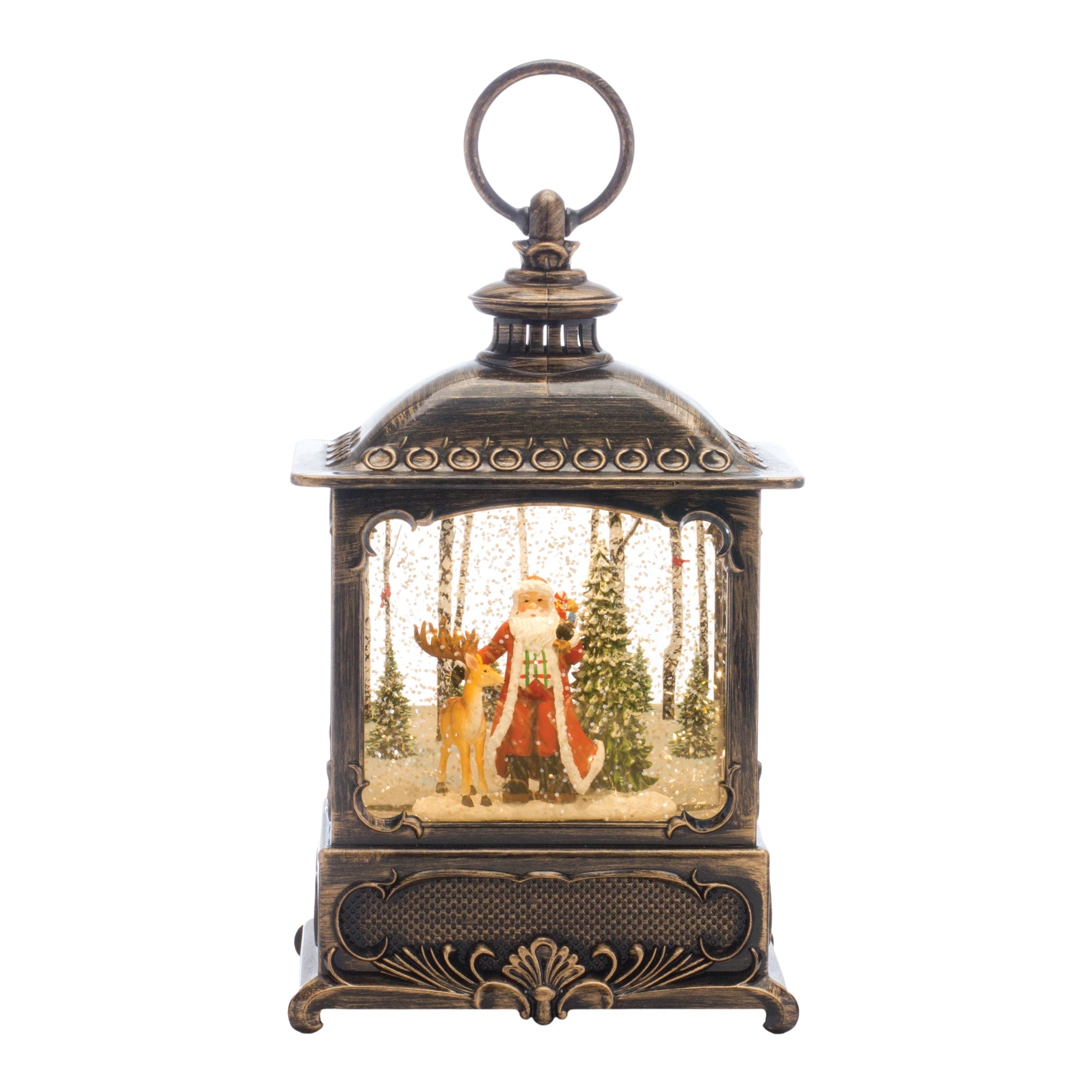 LED Snow Globe Lantern with Santa and Deer 11.25"H