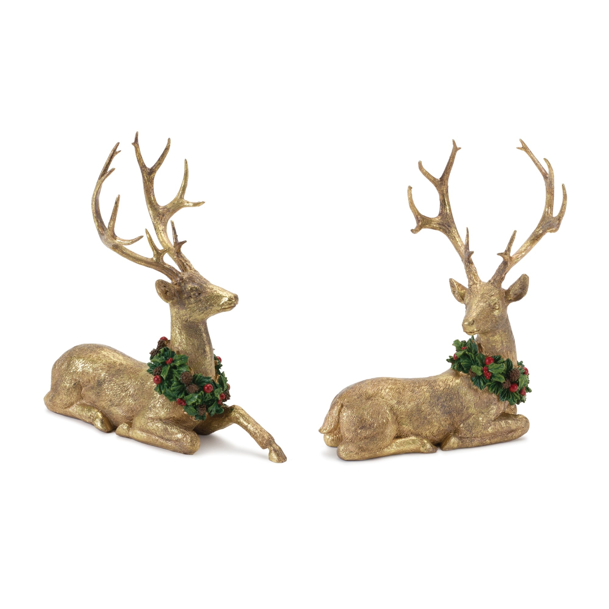 Laying Deer Figurine with Holly Wreath (S/2)