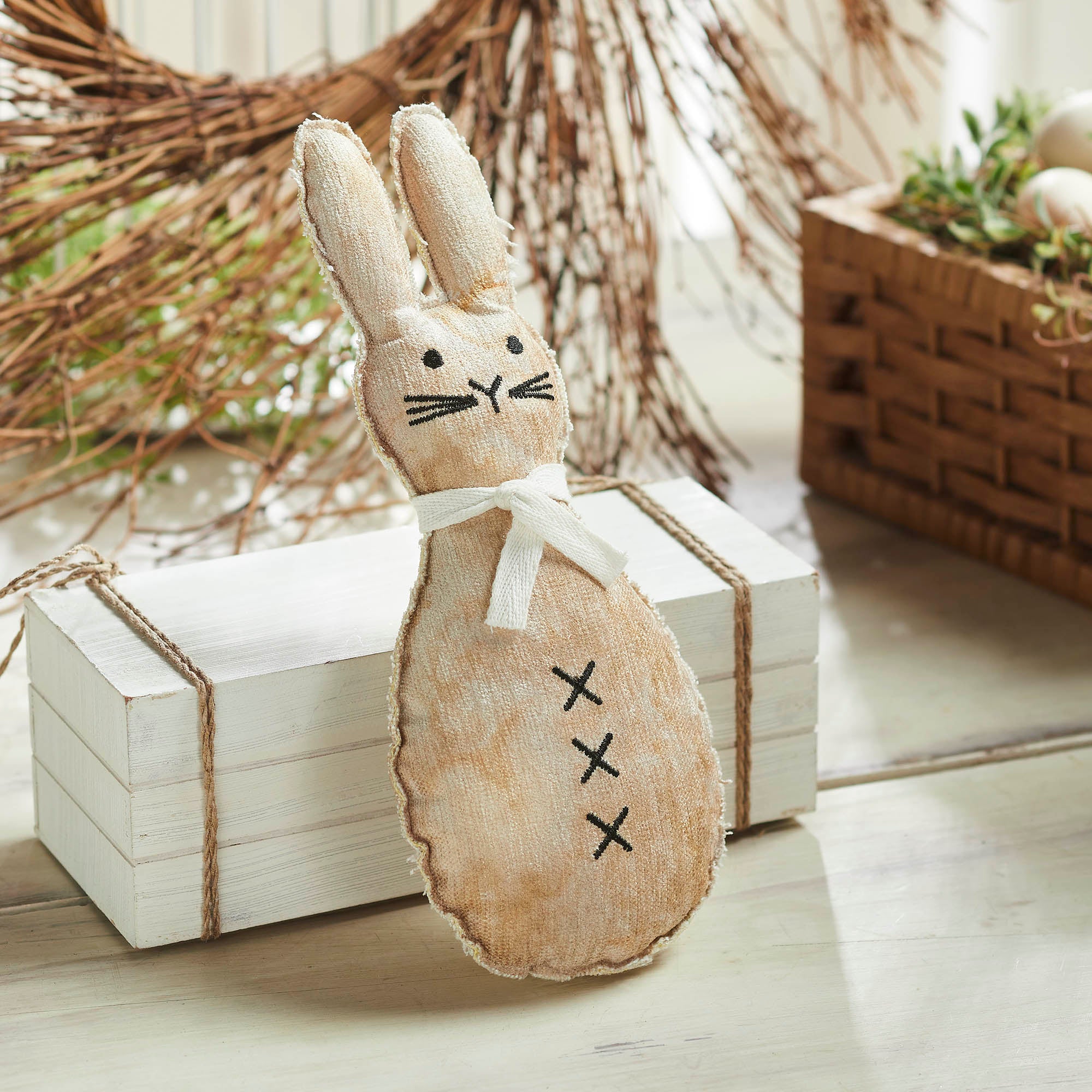 Spring In Bloom Scarfed Primitive Bunny Pillow 12x5