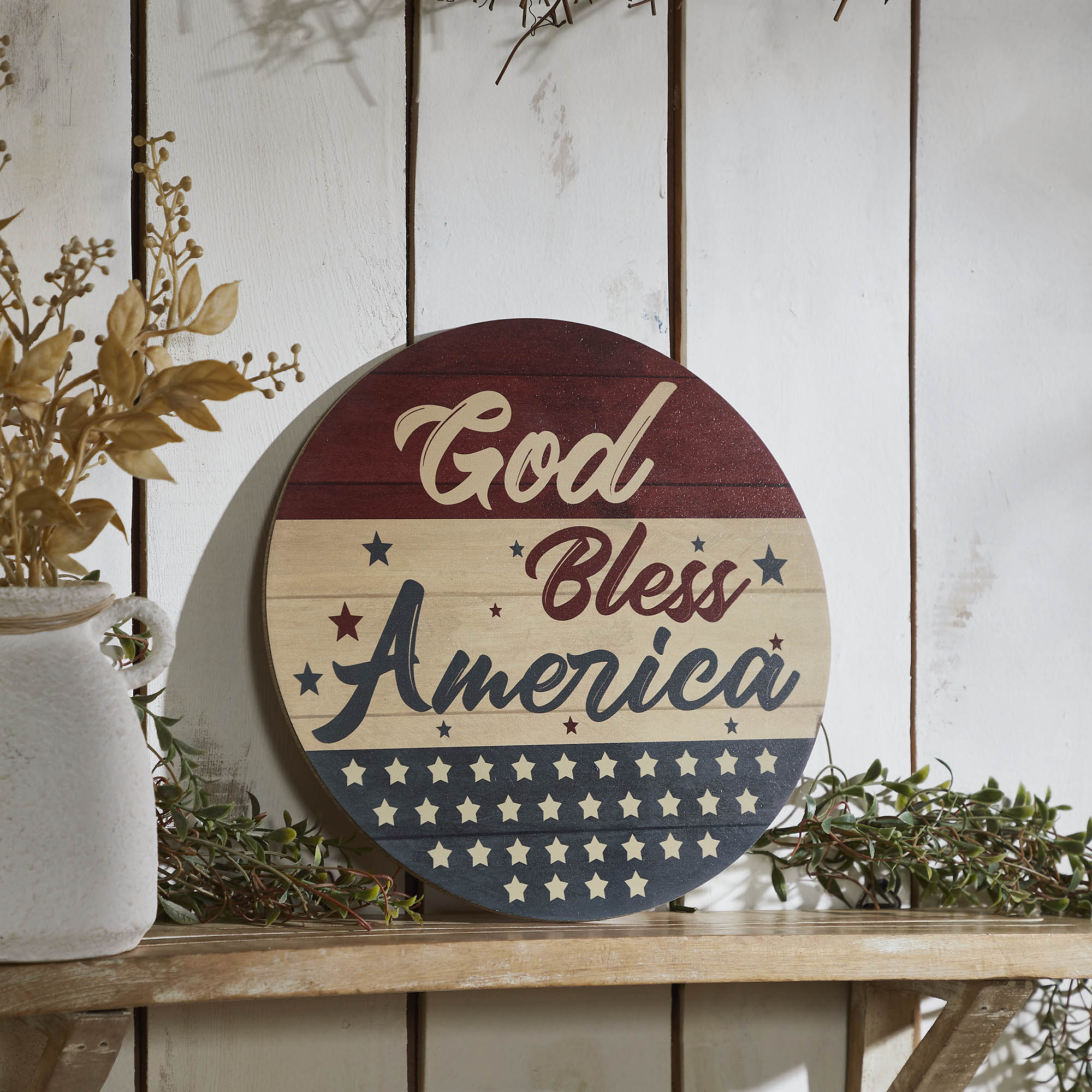 God Bless America Round MDF Wall Hanging 11 Inch Diameter