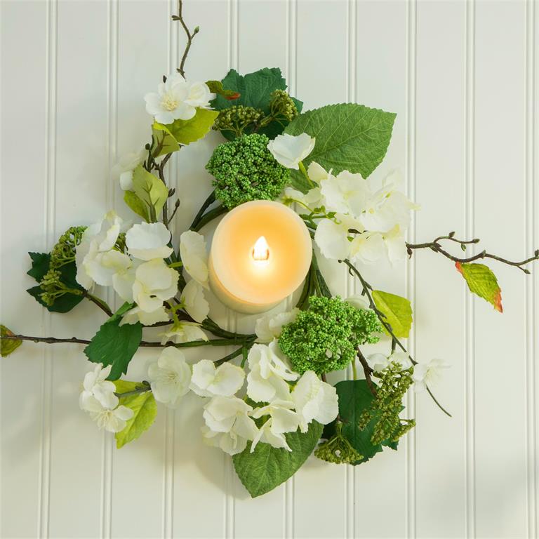 White Hydrangea with Mixed Greens Candle Ring