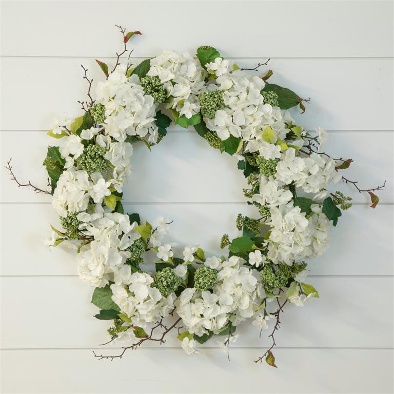White Hydrangea With Mixed Greens Wreath