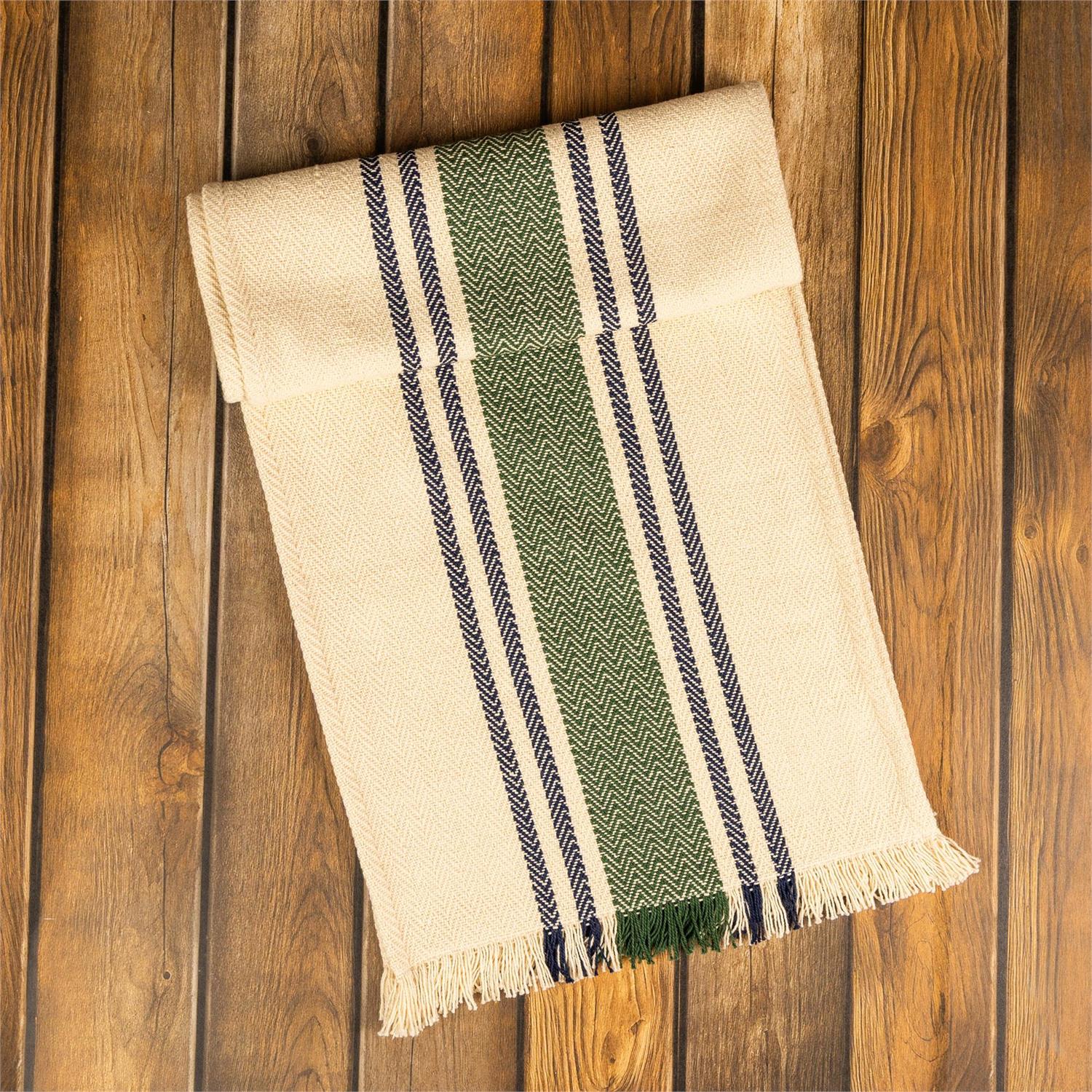 Green And Navy Herringbone Stripe, Fringed Table Runner