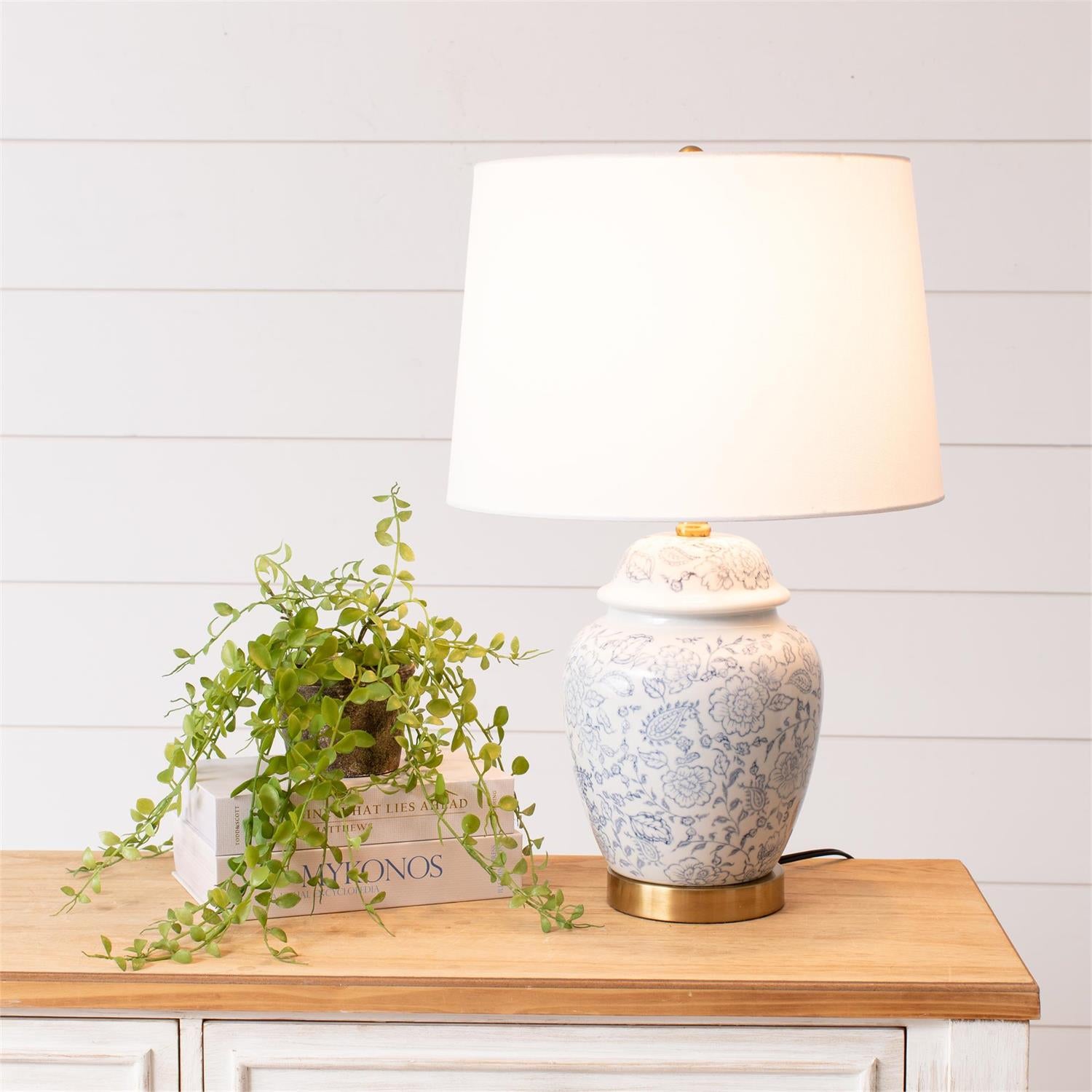 Blue Floral Ginger Jar, With Shade Lamp