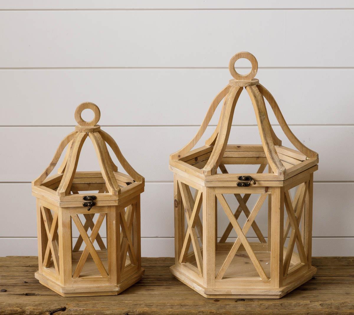 Hexagon Wooden Lanterns (S/2)