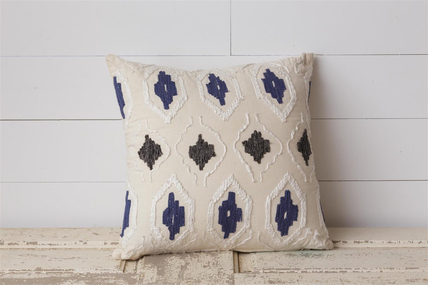 Embroidered Blue, Gray and Cream Pillow
