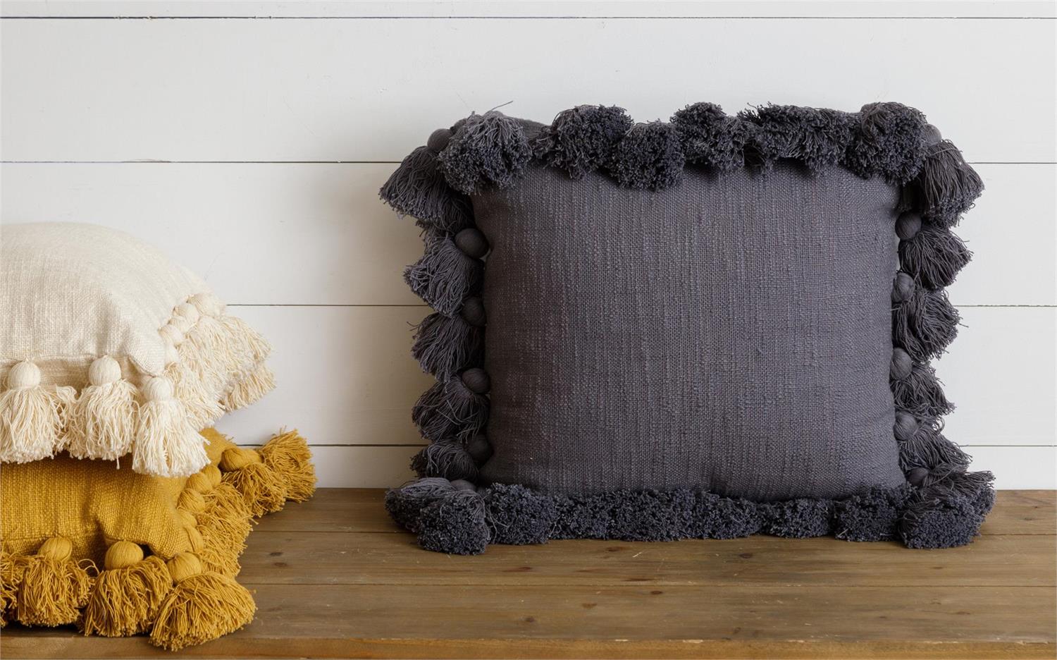 Square Slate Blue Tassel Pillow