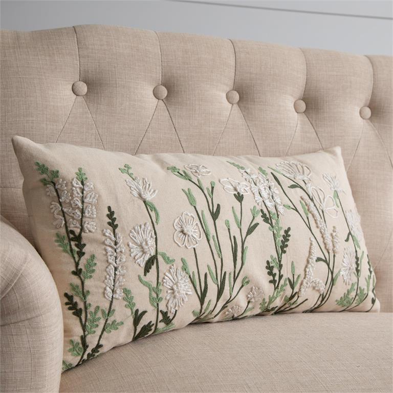 Embroidered Wild Flowers Lumbar Pillow