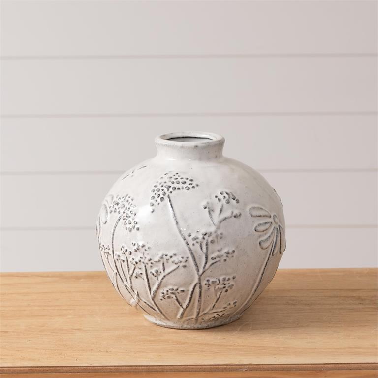 Gray Short Debossed Botanical Vase