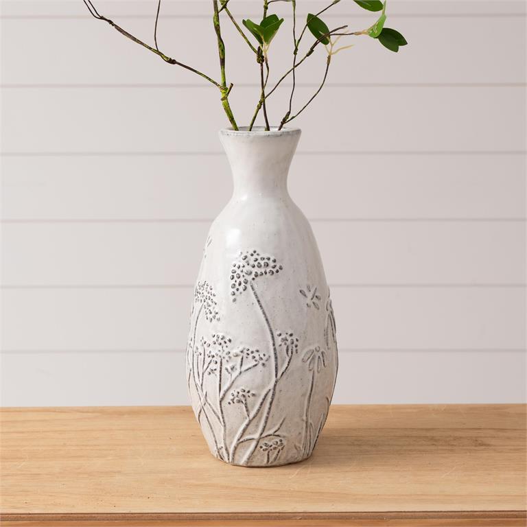 Tall Gray Debossed Botanical Vase